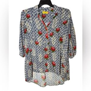 Benares Women’s Floral High Low Puff Sleeve Blue Rose Print Tunic Blouse Sz L